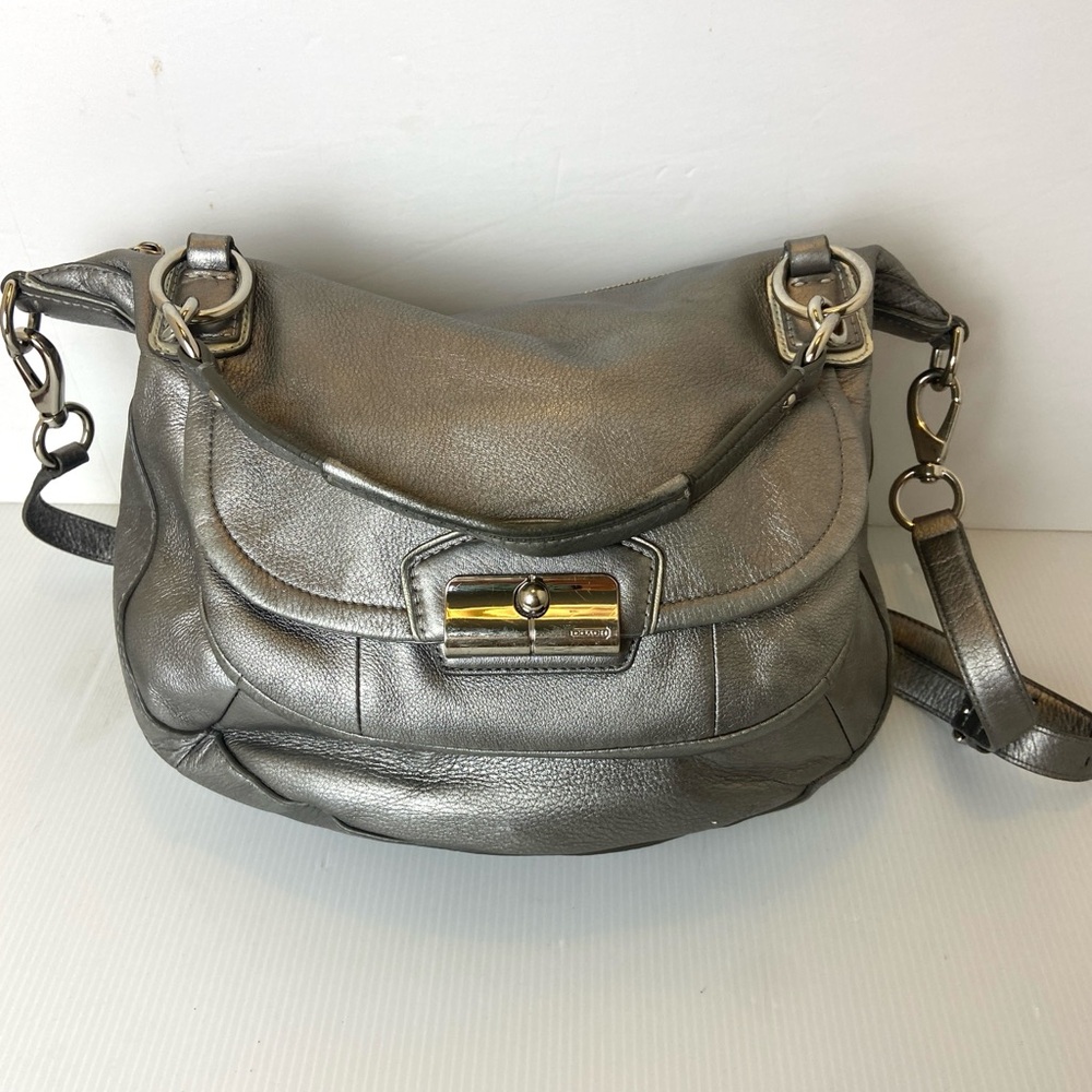 Coach Silver Leather Purse w/Chrome Accents Handles & Adjustable Shoulder Strap